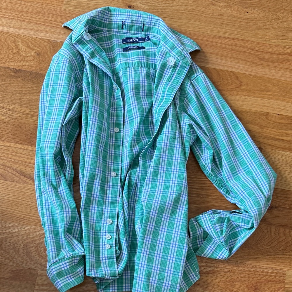 Boys Izod Green and White Plaid Shirt